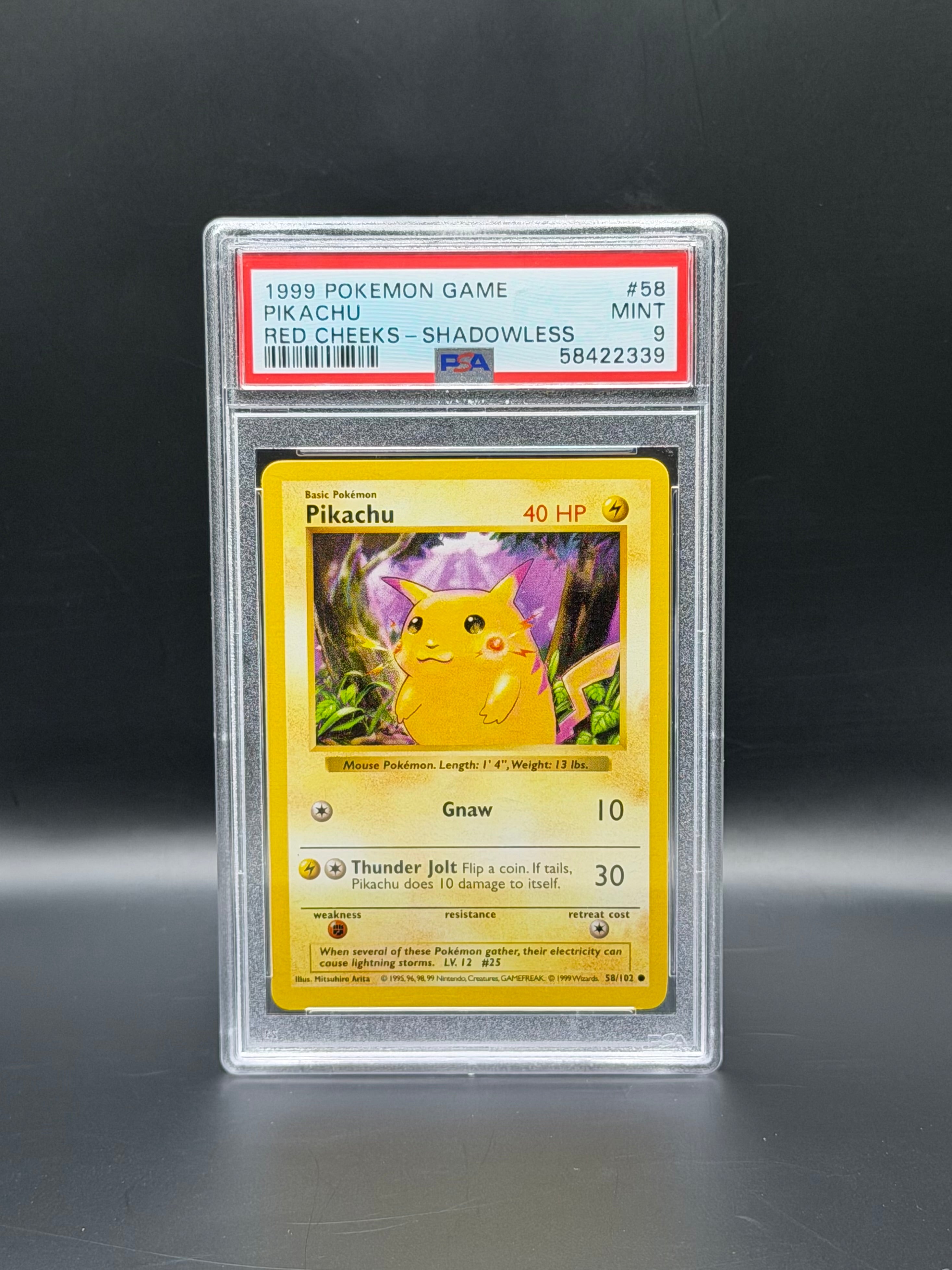 1999 Pokémon Base Set Shadowless Pikachu Red Cheeks PSA 9 Mint